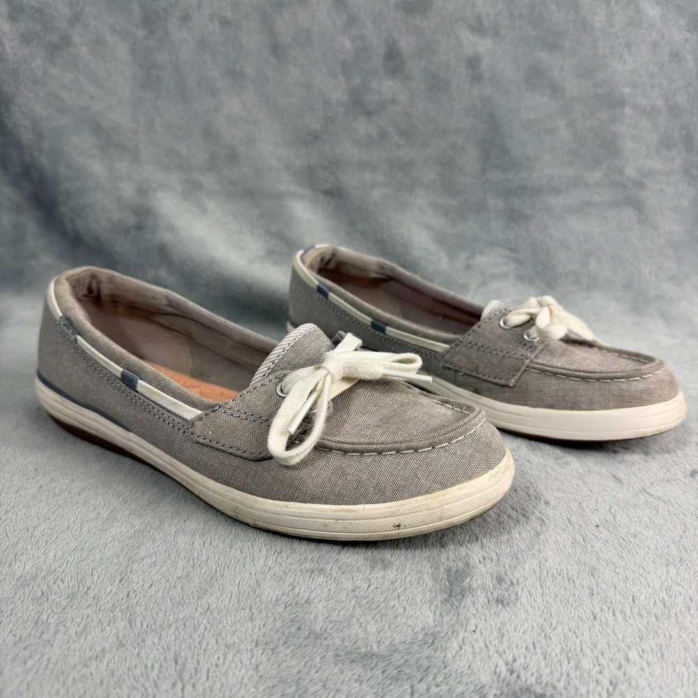 Keds Womens Grey Canvas Boat Shoes Loafers Preppy Boho Nautical Slip On Flats